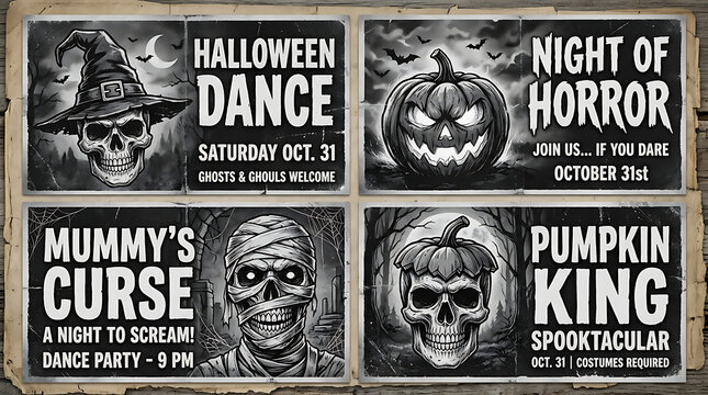 Vintage halloween event poster set with skulls and pumpkins halloween seasonal