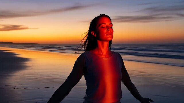 A serene woman standing with arms outstretched on a beach at sunset