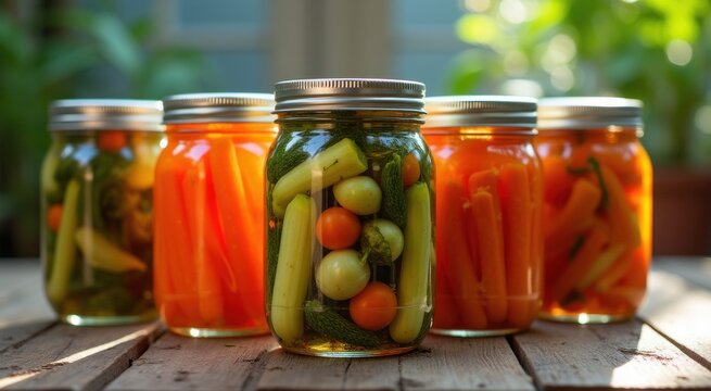 Many jars of pickled vegetables sitting on a table