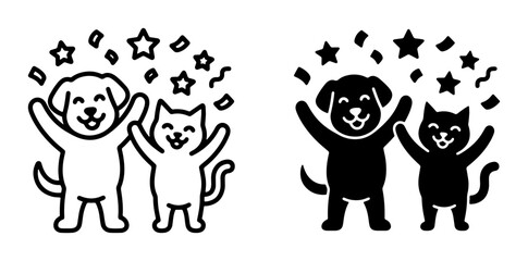 Obraz premium Joyful Dog and Cat Celebration Icons, Happy Pets with Confetti and Stars, Vector Graphics for Pet Lovers and Events