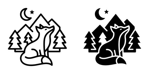 Fototapeta premium Fox Silhouette Vector Art, Night Mountain Landscape with Moon and Stars, Forest Scene, Wildlife Icon, Minimalist Nature Design