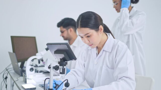 Female Scientists working with digital microscope at desk while colleagues use laptop and pipette behind, modern research lab teamwork.