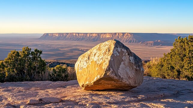 Desert landscape with large boulder sunset