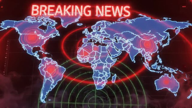 Illuminated BREAKING NEWS text flashes softly as red alert waves spread across a glowing digital world map in a dark studio. Breaking news alert graphic