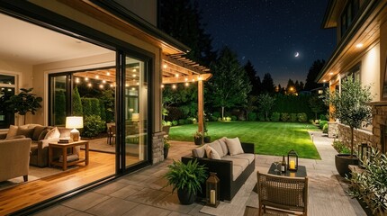Fototapeta premium Luxury Home Patio and Backyard at Night with Outdoor Lighting.