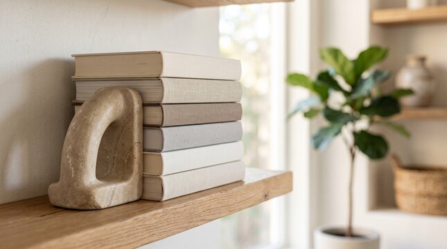 Stone bookend holding stacked books. Minimalist shelf decor with neutral aesthetic books.