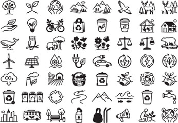 Fototapeta premium Set of ecology, environment, nature, and green energy outline icons vector illustration
