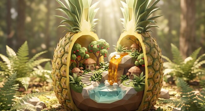 3D low poly miniature fantasy village and waterfall inside a sliced open pineapple in a forest