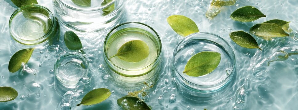 Fresh green leaves floating in clear water with ripples and splash effects for nature background floating transparent freshness splashing environment refreshing movement background