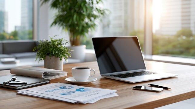 Modern office desk with laptop and coffee during golden hour sunlight with blurred city view