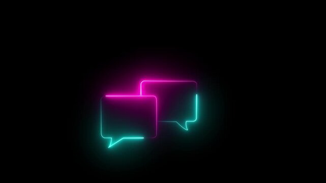 Neon pink and cyan speech bubbles glowing against a dark background for communication.Motion graphics of concept animation