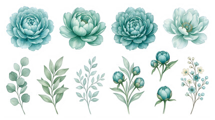 Fototapeta premium Watercolor Illustration of Turquoise Floral Bouquets and Botanical Sprigs on White Background