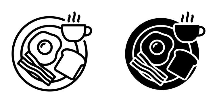 Breakfast Icons: Fried Egg, Bacon, Toast, Coffee Cup Set, Vector Graphics for Morning Meal and Cafe Concepts