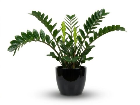 Zz Plant in Glossy Black Pot on White Background