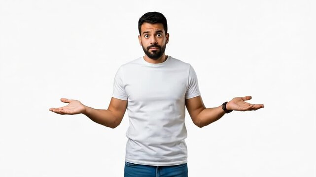 A confused man in a white t-shirt shrugging his shoulders with uncertainty