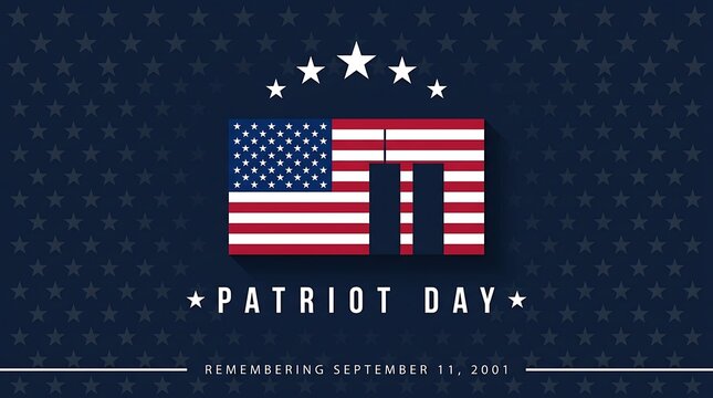 Patriot day remembering september 11 2001 american flag incorporating twin towers silhouette stars background national day of remembrance tribute to heroes and victims.