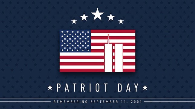 Patriot day memorial graphic featuring stars stripes and silhouettes of twin towers representing reflection on tragic events of september eleven two thousand and one remembrance day.