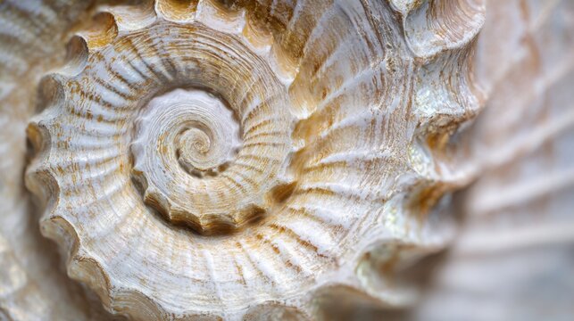 Extreme macro texture of a spiral seashell showing intricate natural ridges, pearlescent highlights and weathered details, museum quality macro
