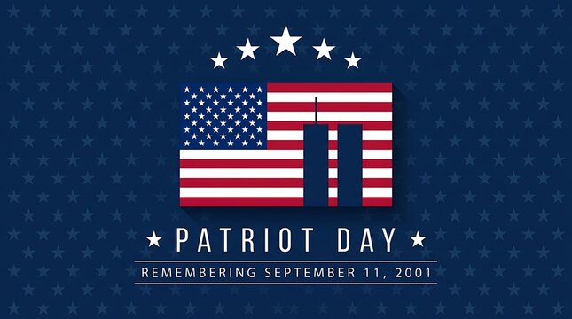 Patriot day remembrance september 11 2001 american flag and twin towers abstract graphic design navy blue background with stars patriotic concept.