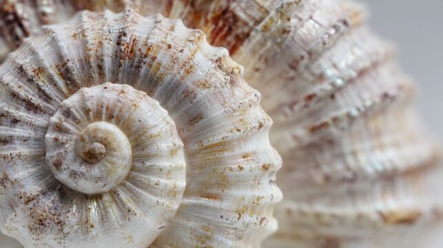 Extreme macro texture of a spiral seashell showing intricate natural ridges, pearlescent highlights and weathered details, museum quality macro