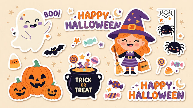 Happy halloween greeting card design with cute cartoon characters and candy