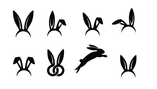 Playful black rabbit ears headbands silhouettes and a jumping Easter bunny icon collection on a white background.