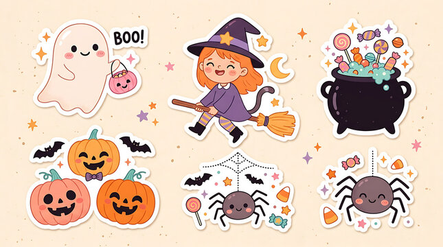 Collection of cute cartoon halloween stickers featuring a witch ghost