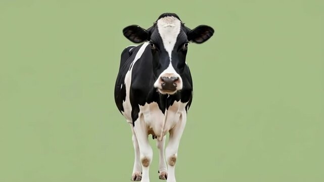 A black and white holstein cow walking towards the camera on green background