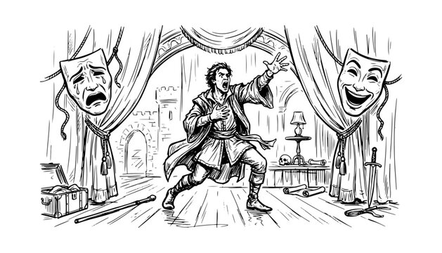 Dramatic stage actor performing monologue with comedy and tragedy masks and medieval props line art sketch