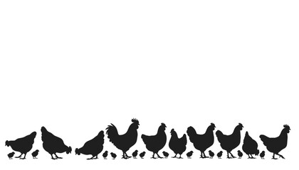Fototapeta premium Chickens and chicks silhouettes row isolated on white background represents farming, poultry, domestic birds, and village life.