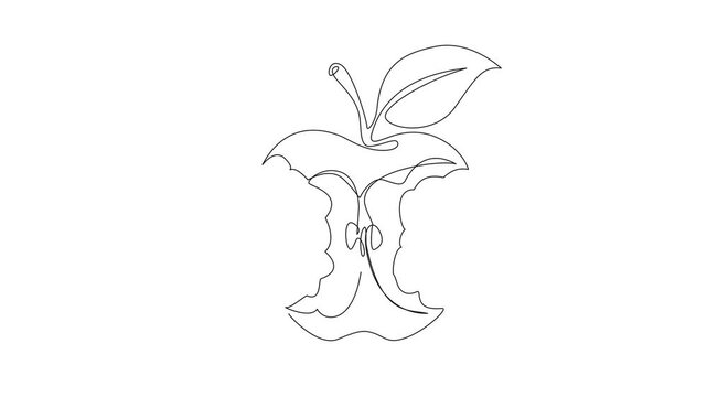 animated minimalist continuous line drawing of an eaten apple core with a leaf, line art animation