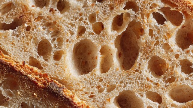 Extreme macro texture of artisan naturally fermented sourdough bread crumb with irregular airy holes and golden moist structure, warm natural light