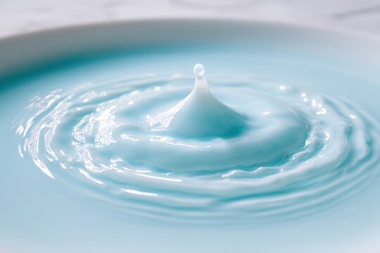 Single blue water droplet falling into liquid with concentric ripples abstract freshness vibration background moisture refreshing wellness serenity photography peaceful composition
