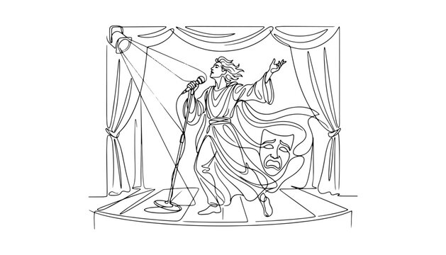 Continuous line drawing of a dramatic actor singing on a theater stage with a spotlight and tragedy mask