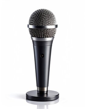 A close-up shot of a sleek, professional microphone on its stand