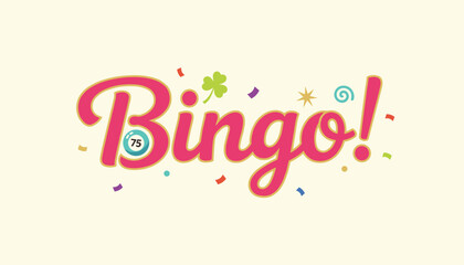 Fototapeta premium Retro pink bingo lettering with colorful confetti, a lucky four leaf clover, and a blue bingo ball decoration.