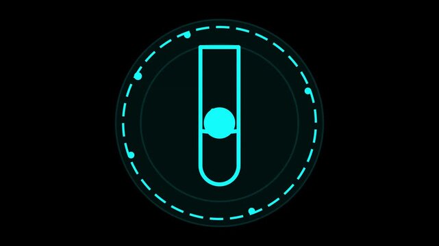 Futuristic neon cyan test tube icon within circular HUD interface science laboratory research concept digital sequence 4K 60fps graphic elements