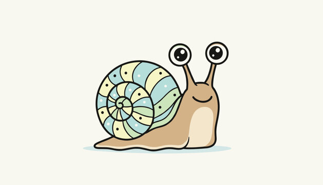 Cute cartoon snail with a colorful striped blue, yellow, and green spiral shell smiling on a soft cream background.