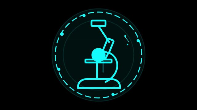 Neon blue microscope icon on a dark background, representing scientific research and discovery, with a circular frame and glowing dots, ideal for technology and science-themed projects