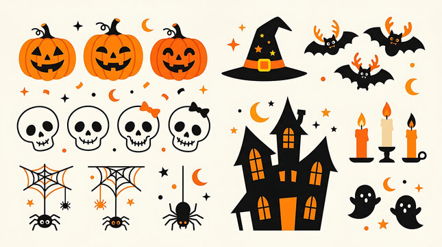 Halloween sticker pack including jack o lanterns skulls witch hat and haunted