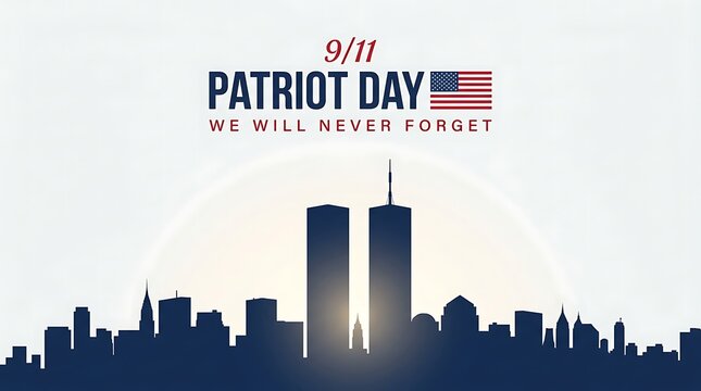 9 11 patriot day memorial graphic with new york city skyline and american flag symbolizing remembrance and honoring victims of terrorist attacks.