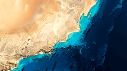 Naklejka premium Aerial view of turquoise coastal waters meeting golden desert cliffs at sunrise, serene natural landscape