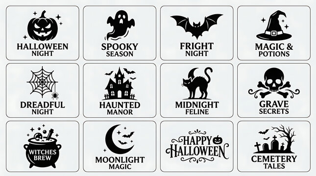 Set of twelve halloween themed icons with spooky decorative text captions