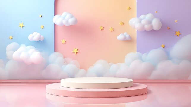 Rounded white cloud pedestal in front of playful pastel backdrop, scattered shimmering stars, bright candy-tone wall blending peach, aqua, and lilac, high-gloss floor in bubblegum pink