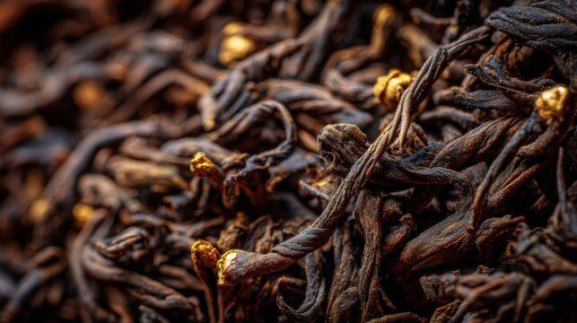 Extreme macro texture of premium aged shu pu erh loose tea leaves, rich dark brown twisted leaves with subtle golden buds, ultra detailed natural