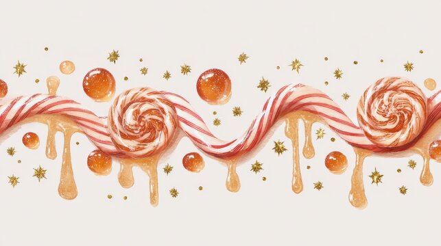 Sweet decorative border with peppermint candy twists, translucent lollipop circles, caramel glaze drips, and tiny edible gold stars