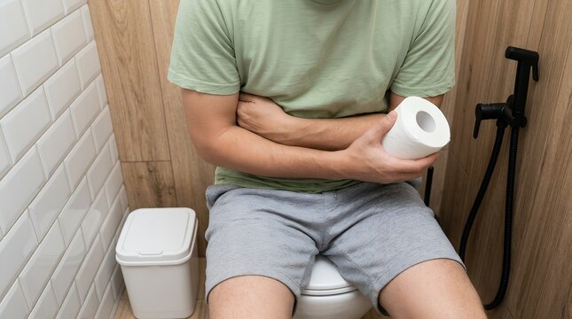 Stomach ache and digestive problems, man sitting on toilet with abdominal pain, diarrhea and constipation health issues in bathroom