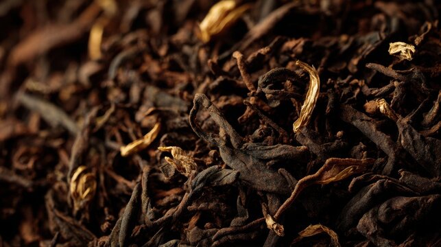 Extreme macro texture of premium aged shu pu erh loose tea leaves, rich dark brown twisted leaves with subtle golden buds, ultra detailed natural