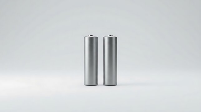 A minimalist studio shot of 2 aa batteries standing upright in vertical alignment on a clean neutral grey background representing power and energy efficiency