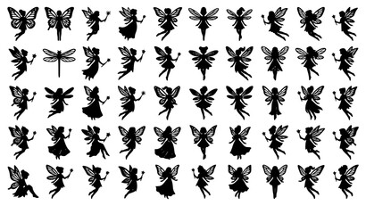 Fototapeta premium Black Fairy Silhouette Vector Set with Magical Winged Fantasy Character Collection